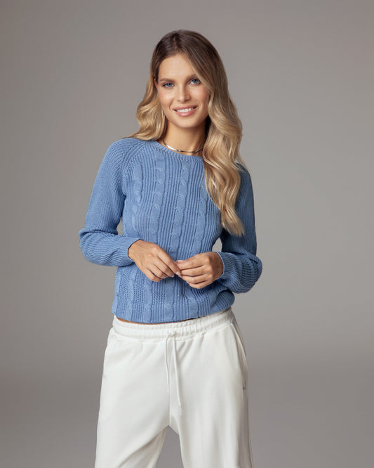 Jersey de cuello redondo con trenzado en algodón orgánico azul cielo